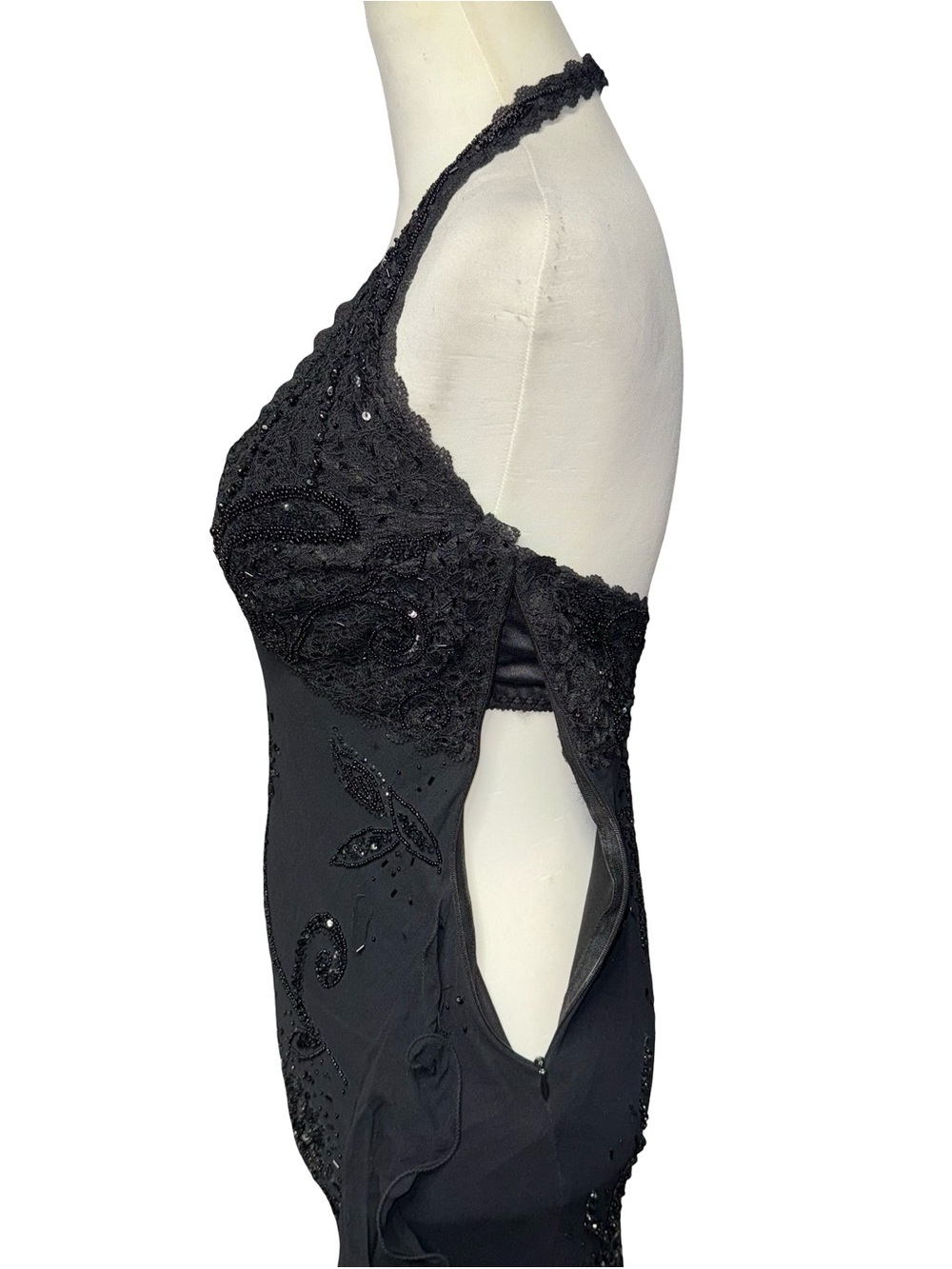 Vintage Y2K Cache Black Pure Silk Beaded Halter Mermaid Maxi Gown Dress Sz 8 - Picture 12 of 16